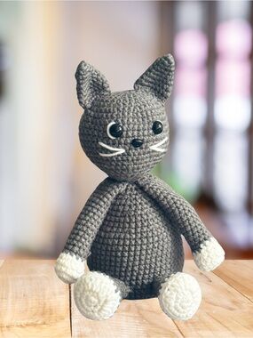 Handmade Crochet Gray Cat Amigurumi Plush – 10” Tall Cute Kitty Stuffed Animal